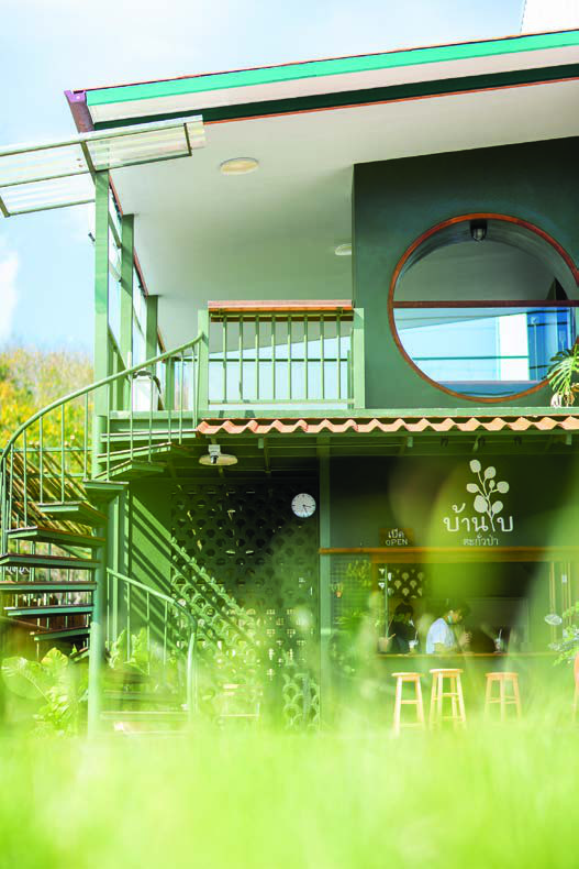 บ้านสีเขียวของบ้านใบที่ตะกั่วป่า มีหน้าต่างวงกลม บันไดวน และสวนด้านหน้า