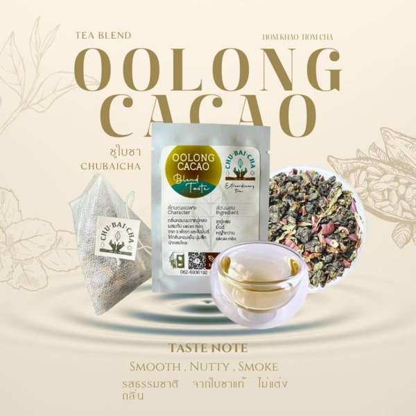 โปสเตอร์ชา Oolong Cacao ของชูใบชา พื้นหลังสีครีมพาสเทล